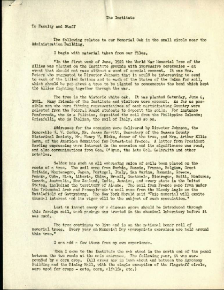 Letter from Halsey B. Knapp about the Memorial Oak