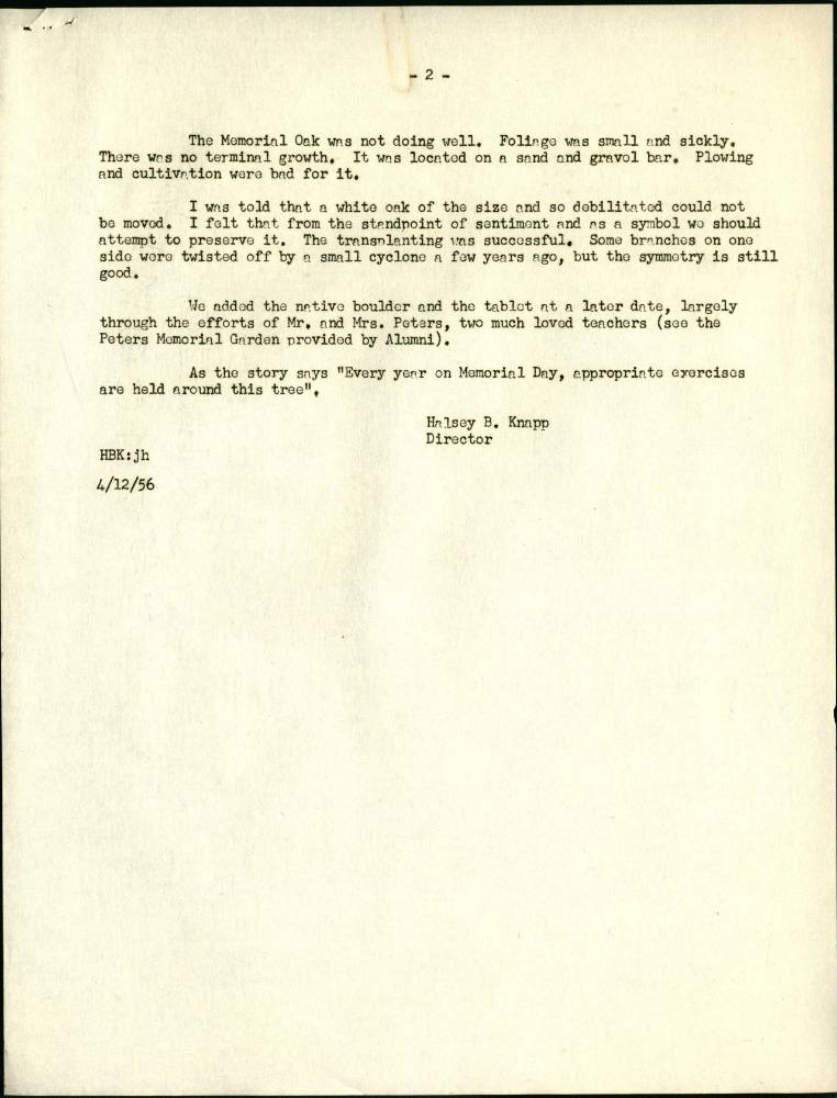 Letter from Halsey B. Knapp regarding the Memorial Oak